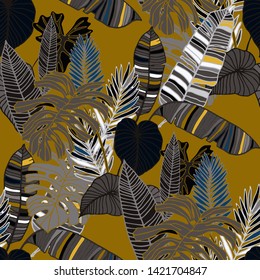 Hand drawn seamless pattern with tropical leaves: palms, monstera, passion fruit. Beautiful allover print with hand drawn exotic plants. Swimwear botanical design. Vector for any purposes