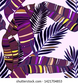 Hand drawn seamless pattern with tropical leaves: palms, monstera, passion fruit. Beautiful allover print with hand drawn exotic plants. Swimwear botanical design. Vector for any purposes