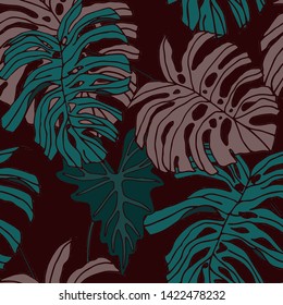 Hand drawn seamless pattern with tropical leaves: palms, monstera, passion fruit. Beautiful allover print with hand drawn exotic plants. Swimwear botanical design. Vector for any purposes