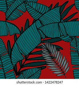 Hand drawn seamless pattern with tropical leaves: palms, monstera, passion fruit. Beautiful allover print with hand drawn exotic plants. Swimwear botanical design. Vector for any purposes