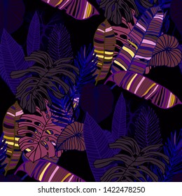 Hand drawn seamless pattern with tropical leaves: palms, monstera, passion fruit. Beautiful allover print with hand drawn exotic plants. Swimwear botanical design. Vector for any purposes