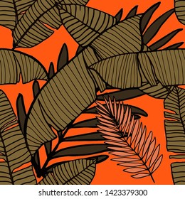 Hand drawn seamless pattern with tropical leaves: palms, monstera, passion fruit. Beautiful allover print with hand drawn exotic plants. Swimwear botanical design. Vector for any purposes
