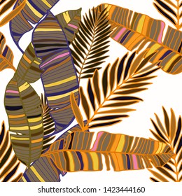 Hand drawn seamless pattern with tropical leaves: palms, monstera, passion fruit. Beautiful allover print with hand drawn exotic plants. Swimwear botanical design. Vector for any purposes