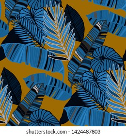 Hand drawn seamless pattern with tropical leaves: palms, monstera, passion fruit. Beautiful allover print with hand drawn exotic plants. Swimwear botanical design. Vector for any purposes