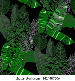 Hand drawn seamless pattern with tropical leaves: palms, monstera, passion fruit. Beautiful allover print with hand drawn exotic plants. Swimwear botanical design. Vector for any purposes