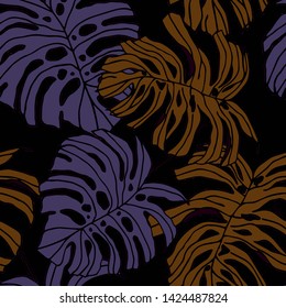 Hand drawn seamless pattern with tropical leaves: palms, monstera, passion fruit. Beautiful allover print with hand drawn exotic plants. Swimwear botanical design. Vector for any purposes