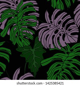 Hand drawn seamless pattern with tropical leaves: palms, monstera, passion fruit. Beautiful allover print with hand drawn exotic plants. Swimwear botanical design. Vector for any purposes