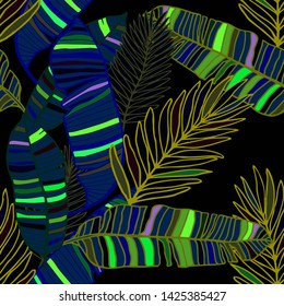 Hand drawn seamless pattern with tropical leaves: palms, monstera, passion fruit. Beautiful allover print with hand drawn exotic plants. Swimwear botanical design. Vector for any purposes