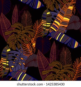 Hand drawn seamless pattern with tropical leaves: palms, monstera, passion fruit. Beautiful allover print with hand drawn exotic plants. Swimwear botanical design. Vector for any purposes