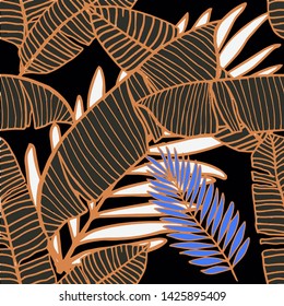Hand drawn seamless pattern with tropical leaves: palms, monstera, passion fruit. Beautiful allover print with hand drawn exotic plants. Swimwear botanical design. Vector for any purposes