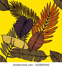Hand drawn seamless pattern with tropical leaves: palms, monstera, passion fruit. Beautiful allover print with hand drawn exotic plants. Swimwear botanical design. Vector for any purposes