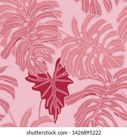 Hand drawn seamless pattern with tropical leaves: palms, monstera, passion fruit. Beautiful allover print with hand drawn exotic plants. Swimwear botanical design. Vector for any purposes