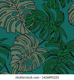 Hand drawn seamless pattern with tropical leaves: palms, monstera, passion fruit. Beautiful allover print with hand drawn exotic plants. Swimwear botanical design. Vector for any purposes