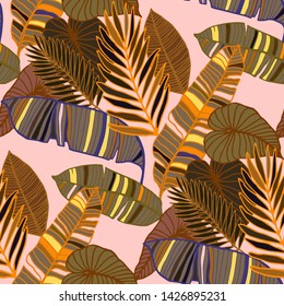 Hand drawn seamless pattern with tropical leaves: palms, monstera, passion fruit. Beautiful allover print with hand drawn exotic plants. Swimwear botanical design. Vector for any purposes