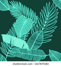 Hand drawn seamless pattern with tropical leaves: palms, monstera, passion fruit. Beautiful allover print with hand drawn exotic plants. Swimwear botanical design. Vector for any purposes