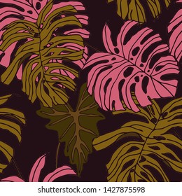 Hand drawn seamless pattern with tropical leaves: palms, monstera, passion fruit. Beautiful allover print with hand drawn exotic plants. Swimwear botanical design. Vector for any purposes