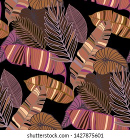 Hand drawn seamless pattern with tropical leaves: palms, monstera, passion fruit. Beautiful allover print with hand drawn exotic plants. Swimwear botanical design. Vector for any purposes