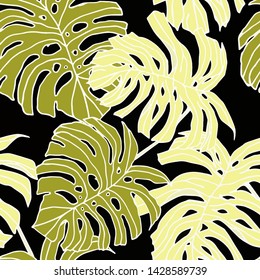 Hand drawn seamless pattern with tropical leaves: palms, monstera, passion fruit. Beautiful allover print with hand drawn exotic plants. Swimwear botanical design. Vector for any purposes