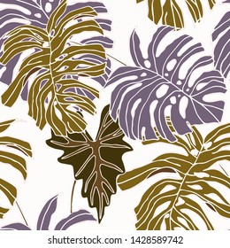 Hand drawn seamless pattern with tropical leaves: palms, monstera, passion fruit. Beautiful allover print with hand drawn exotic plants. Swimwear botanical design. Vector for any purposes