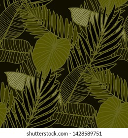 Hand drawn seamless pattern with tropical leaves: palms, monstera, passion fruit. Beautiful allover print with hand drawn exotic plants. Swimwear botanical design. Vector for any purposes