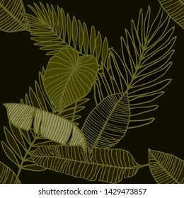 Hand drawn seamless pattern with tropical leaves: palms, monstera, passion fruit. Beautiful allover print with hand drawn exotic plants. Swimwear botanical design. Vector for any purposes