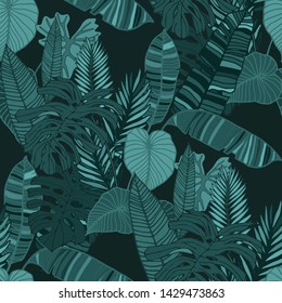 Hand drawn seamless pattern with tropical leaves: palms, monstera, passion fruit. Beautiful allover print with hand drawn exotic plants. Swimwear botanical design. Vector for any purposes