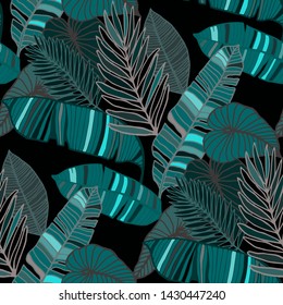 Hand drawn seamless pattern with tropical leaves: palms, monstera, passion fruit. Beautiful allover print with hand drawn exotic plants. Swimwear botanical design. Vector for any purposes