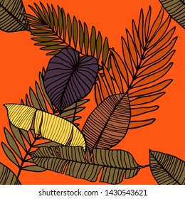 Hand drawn seamless pattern with tropical leaves: palms, monstera, passion fruit. Beautiful allover print with hand drawn exotic plants. Swimwear botanical design. Vector for any purposes