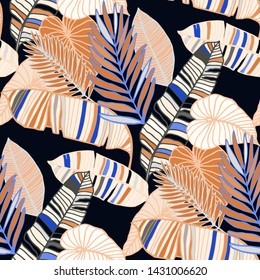 Hand drawn seamless pattern with tropical leaves: palms, monstera, passion fruit. Beautiful allover print with hand drawn exotic plants. Swimwear botanical design. Vector for any purposes