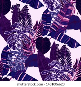 Hand drawn seamless pattern with tropical leaves: palms, monstera, passion fruit. Beautiful allover print with hand drawn exotic plants. Swimwear botanical design. Vector for any purposes
