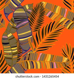 Hand drawn seamless pattern with tropical leaves: palms, monstera, passion fruit. Beautiful allover print with hand drawn exotic plants. Swimwear botanical design. Vector for any purposes