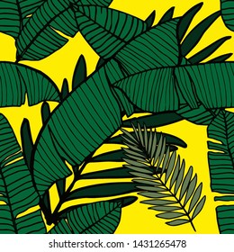 Hand drawn seamless pattern with tropical leaves: palms, monstera, passion fruit. Beautiful allover print with hand drawn exotic plants. Swimwear botanical design. Vector for any purposes