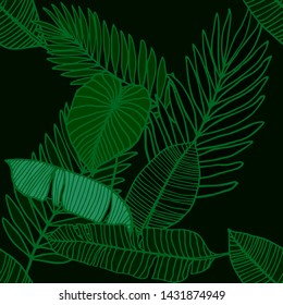Hand drawn seamless pattern with tropical leaves: palms, monstera, passion fruit. Beautiful allover print with hand drawn exotic plants. Swimwear botanical design. Vector for any purposes
