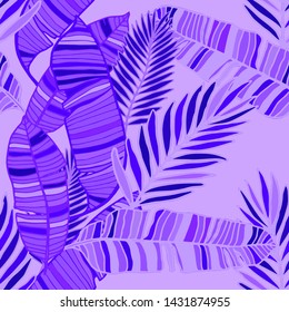 Hand drawn seamless pattern with tropical leaves: palms, monstera, passion fruit. Beautiful allover print with hand drawn exotic plants. Swimwear botanical design. Vector for any purposes