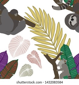 Hand drawn seamless pattern with tropical leaves: palms, monstera, passion fruit. Beautiful allover print with hand drawn exotic plants and animals. Swimwear botanical design. Vector for any purposes