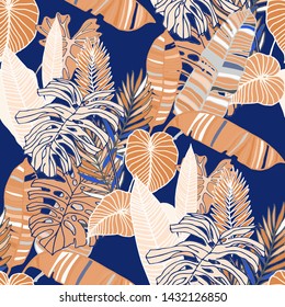 Hand drawn seamless pattern with tropical leaves: palms, monstera, passion fruit. Beautiful allover print with hand drawn exotic plants. Swimwear botanical design. Vector for any purposes