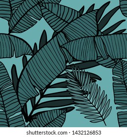 Hand drawn seamless pattern with tropical leaves: palms, monstera, passion fruit. Beautiful allover print with hand drawn exotic plants. Swimwear botanical design. Vector for any purposes