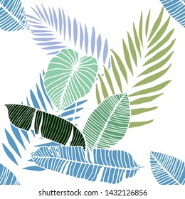 Hand drawn seamless pattern with tropical leaves: palms, monstera, passion fruit. Beautiful allover print with hand drawn exotic plants. Swimwear botanical design. Vector for any purposes
