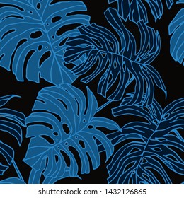 Hand drawn seamless pattern with tropical leaves: palms, monstera, passion fruit. Beautiful allover print with hand drawn exotic plants. Swimwear botanical design. Vector for any purposes