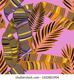 Hand drawn seamless pattern with tropical leaves: palms, monstera, passion fruit. Beautiful allover print with hand drawn exotic plants. Swimwear botanical design. Vector for any purposes