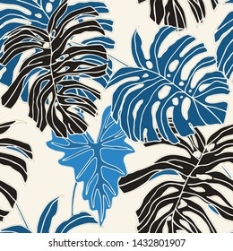 Hand drawn seamless pattern with tropical leaves: palms, monstera, passion fruit. Beautiful allover print with hand drawn exotic plants. Swimwear botanical design. Vector for any purposes