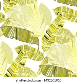 Hand drawn seamless pattern with tropical leaves: palms, monstera, passion fruit. Beautiful allover print with hand drawn exotic plants. Swimwear botanical design. Vector for any purposes