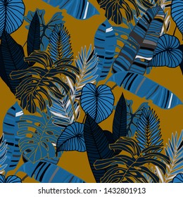 Hand drawn seamless pattern with tropical leaves: palms, monstera, passion fruit. Beautiful allover print with hand drawn exotic plants. Swimwear botanical design. Vector for any purposes