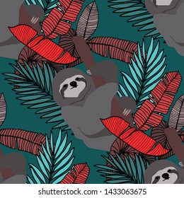 Hand drawn seamless pattern with tropical leaves: palms, monstera, passion fruit. Beautiful allover print with hand drawn exotic plants and animals. Swimwear botanical design. Vector for any purposes