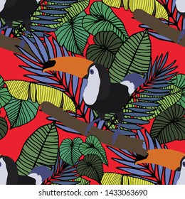 Hand drawn seamless pattern with tropical leaves: palms, monstera, passion fruit. Beautiful allover print with hand drawn exotic plants and animals. Swimwear botanical design. Vector for any purposes