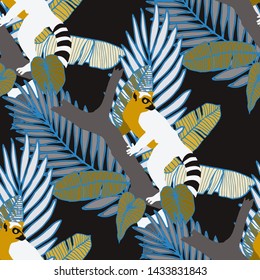 Hand drawn seamless pattern with tropical leaves: palms, monstera, passion fruit. Beautiful allover print with hand drawn exotic plants and animals. Swimwear botanical design. Vector for any purposes