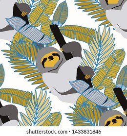 Hand drawn seamless pattern with tropical leaves: palms, monstera, passion fruit. Beautiful allover print with hand drawn exotic plants and animals. Swimwear botanical design. Vector for any purposes
