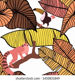 Hand drawn seamless pattern with tropical leaves: palms, monstera, passion fruit. Beautiful allover print with hand drawn exotic plants and animals. Swimwear botanical design. Vector for any purposes