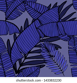 Hand drawn seamless pattern with tropical leaves: palms, monstera, passion fruit. Beautiful allover print with hand drawn exotic plants. Swimwear botanical design. Vector for any purposes