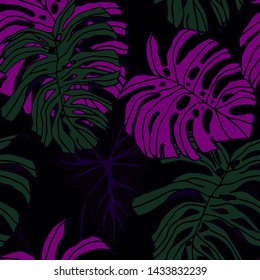 Hand drawn seamless pattern with tropical leaves: palms, monstera, passion fruit. Beautiful allover print with hand drawn exotic plants. Swimwear botanical design. Vector for any purposes